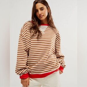 We The Free Brown and White Striped Crewneck Sweater with Red Trim , NWOT, MED